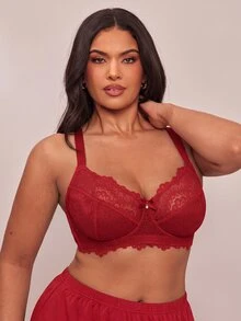 SHEIN BAE CURVE 1pc Plus Size Lace Patchwork Underwire Bra, For Christmas - Red - View 5