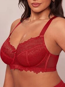 SHEIN BAE CURVE 1pc Plus Size Lace Patchwork Underwire Bra, For Christmas - Red - View 6