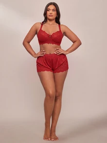 SHEIN BAE CURVE 1pc Plus Size Lace Patchwork Underwire Bra, For Christmas - Red - View 3