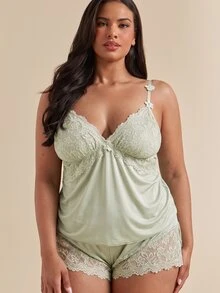 SHEIN BAE CURVE 蕾丝拼接高弹针织性感露背吊带背心和短裤睡衣套装，加大码 - 薄荷綠 - 查看 6