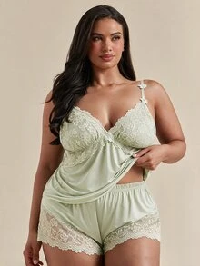 SHEIN BAE CURVE 蕾丝拼接高弹针织性感露背吊带背心和短裤睡衣套装，加大码 - 薄荷綠 - 查看 1