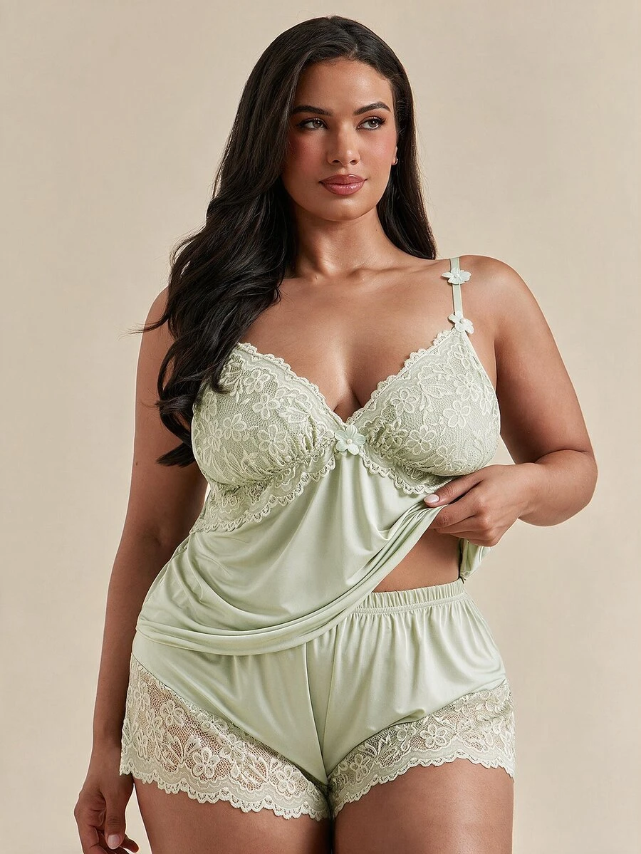 SHEIN BAE CURVE 蕾丝拼接高弹针织性感露背吊带背心和短裤睡衣套装,加大码 - 薄荷綠 - 查看 1