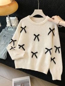 SHEIN Sweater Anak Perempuan Remaja dengan Pita di Bagian Depan dan Bahu Menurun, Lengan Lentera - Aprikot - View 1