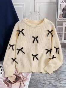 SHEIN Sweater Anak Perempuan Remaja dengan Pita di Bagian Depan dan Bahu Menurun, Lengan Lentera - Aprikot - View 5