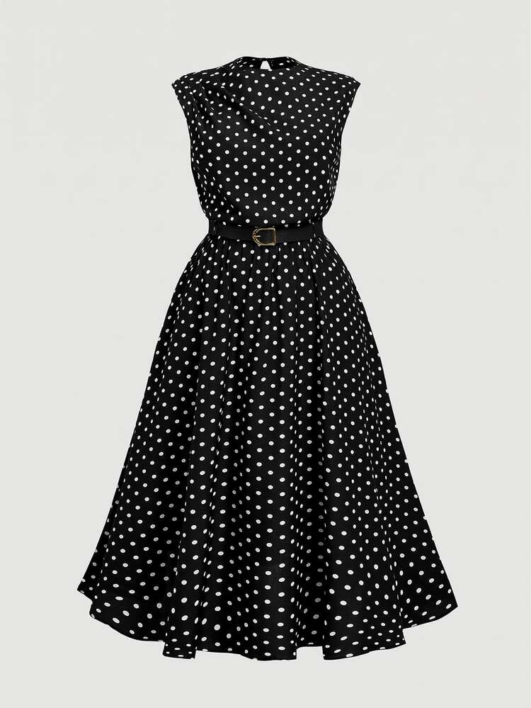 SHEIN MOD Plus-Size Retro Polka Dot Dress With Belt, Black. Suitable For Everyday Commuting, Holidays, And Autumn/Winter. - Black - View 3