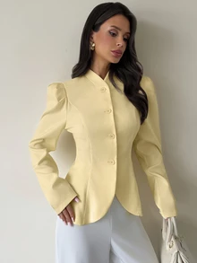Firerie Women's French Elegant Button Petal Sleeve Blazer - Light Yellow - View 6