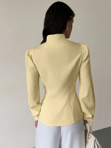 Firerie Women's French Elegant Button Petal Sleeve Blazer - Light Yellow - View 8