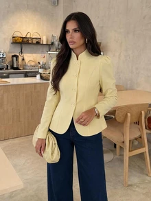 Firerie Women's French Elegant Button Petal Sleeve Blazer - Light Yellow - View 3