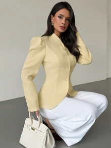 Firerie Women's French Elegant Button Petal Sleeve Blazer - Light Yellow - View 7