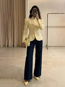 Firerie Women's French Elegant Button Petal Sleeve Blazer - Light Yellow - View 2