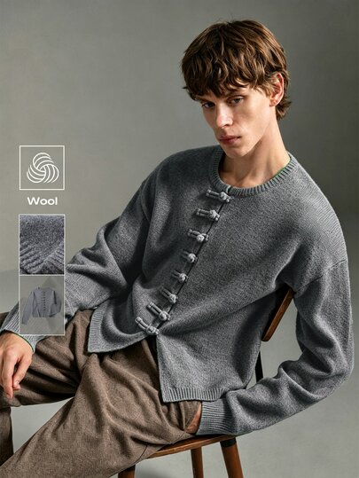 Calmiston Sweater Pria Lengan Panjang Kerah Bulat Kancing Warna Polos untuk Festival Anak Laki-laki Musim Gugur/Dingin Sehari-hari