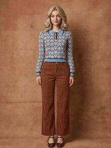 SHEIN MOD Women's Geometric Pattern Colorblock Sweater With Contrast Trims And Lantern Sleeves,Long Sleeve Tops,Knitted Sweater In Fall/Winter - Multicolor - View 3