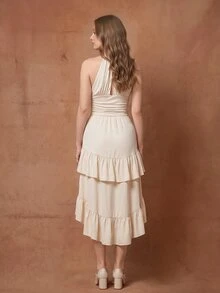 SHEIN MOD Women's Creamy Apricot Summer Skirt With High-Low Hem ,Drawstring Ruffled Layered,Party Skirt,Boho Skirt,Lunch Skirt - Apricot - View 2