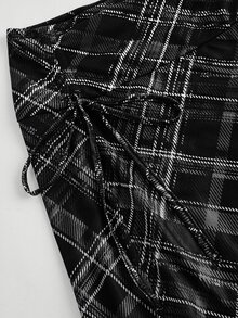 SHEIN MOD Plaid Bowknot Drawstring Asymmetrical Hem Casual Retro Black Skirt - Black - View 6