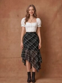 SHEIN MOD Plaid Bowknot Drawstring Asymmetrical Hem Casual Retro Black Skirt - Black - View 3