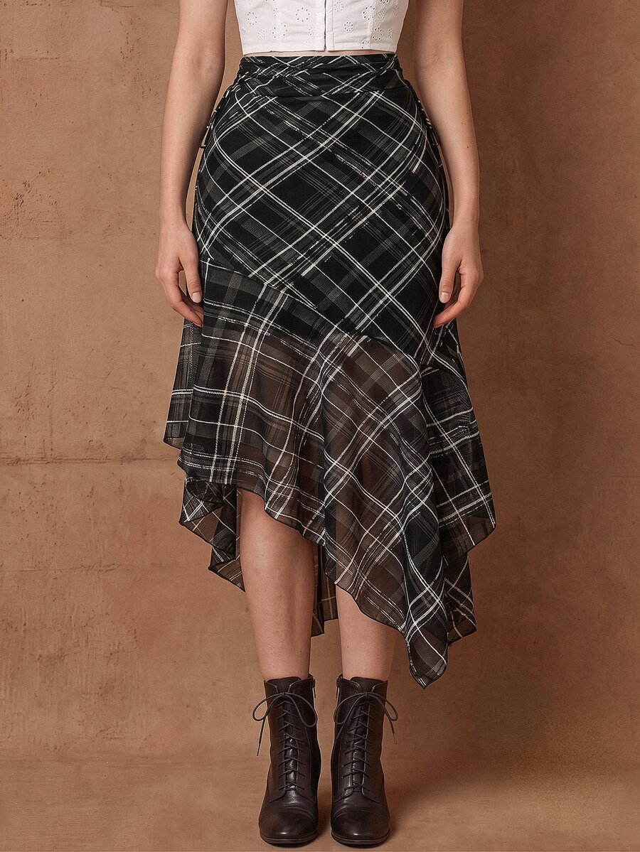 SHEIN MOD Plaid Bowknot Drawstring Asymmetrical Hem Casual Retro Black Skirt - Black - View 1