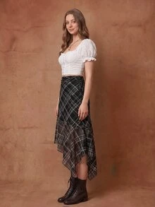 SHEIN MOD Plaid Bowknot Drawstring Asymmetrical Hem Casual Retro Black Skirt - Black - View 2