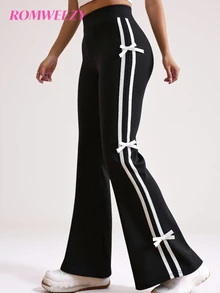 SHEIN 青少年女孩秋季服飾 美式學院風休閒寬鬆保守黑白條紋長褲 飾邊聚酯纖維 幼兒校園風 - 黑色 - 查看 3