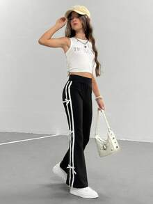 SHEIN 青少年女孩秋季服飾 美式學院風休閒寬鬆保守黑白條紋長褲 飾邊聚酯纖維 幼兒校園風 - 黑色 - 查看 7