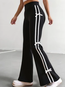 SHEIN 青少年女孩秋季服飾 美式學院風休閒寬鬆保守黑白條紋長褲 飾邊聚酯纖維 幼兒校園風 - 黑色 - 查看 9