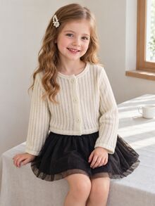 SHEIN Young Girl Solid Color Casual Versatile Daily Wear Long Sleeve Jacket Autumn Fall Baby White - Apricot - View 3