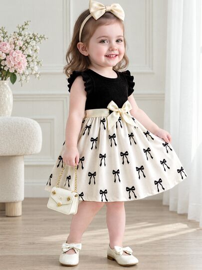 SHEIN Toddler Baby Girls Chic Cute Rib Knit Bowknot Print Ruffle Sleeve Soft Black And White Checkered Dress Sundress School Birthday Party Summer