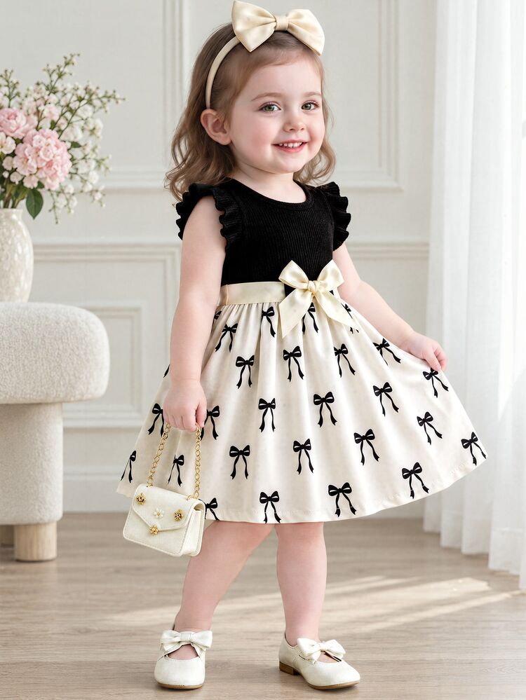 SHEIN Toddler Baby Girls Chic Cute Rib Knit Bowknot Print Ruffle Sleeve Soft Black And White Checkered Dress Sundress School Birthday Party Summer - Black - View 1