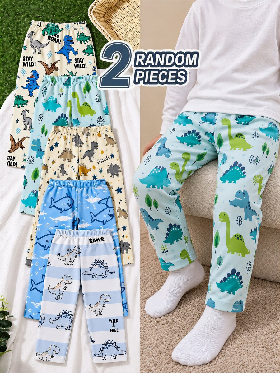 2 Pcs New Cute Clothing Minimalist Soft Form Smart Casual Cartoon Print Boys Pants Daily Beach Bingo Trousers Beige Blue Checkered Autumn - Multicolor - View 1