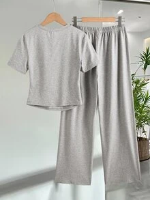 SHEIN Teen Girls 2pcs/Set Summer Streetwear Back-To-School Holiday Casual Two Pieces Set, Holiday Outfits, Comfortable - Grey - View 3