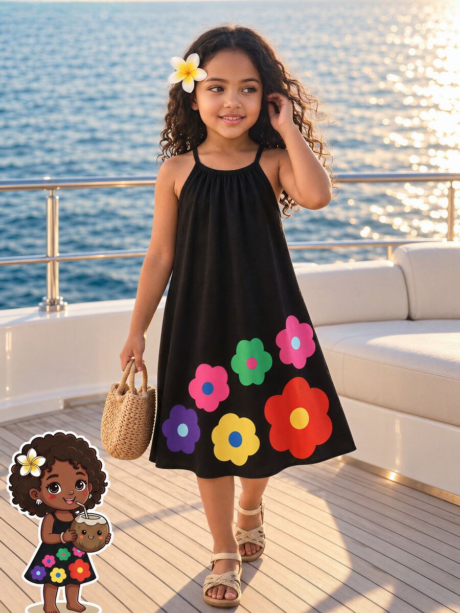 SHEIN 夏季女童花卉印花休閒仙女公主牛仔女孩仙女公主/度假 A 字細肩帶洋裝 黑色 生日 幼兒園 7 歲生日 - 黑色 - 查看 1