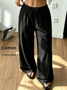 SHEIN Sparklyn 青少年女孩秋季直筒休閒工裝寬鬆可愛日常穿著 正式上班多功能舒適純色口袋長褲 黑色 - 黑色 - 查看 8