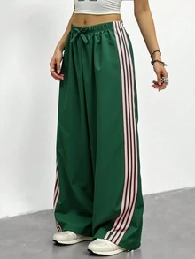 SHEIN Tween Girls Clothes Contrast Color Elastic Waist Drawstring Loose Straight Leg Casual Athletic Modest Pants Autumn School Pink And Green Active - Green - View 5