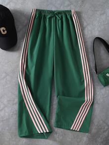 SHEIN Tween Girls Clothes Contrast Color Elastic Waist Drawstring Loose Straight Leg Casual Athletic Modest Pants Autumn School Pink And Green Active - Green - View 7