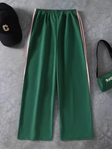 SHEIN Tween Girls Clothes Contrast Color Elastic Waist Drawstring Loose Straight Leg Casual Athletic Modest Pants Autumn School Pink And Green Active - Green - View 3