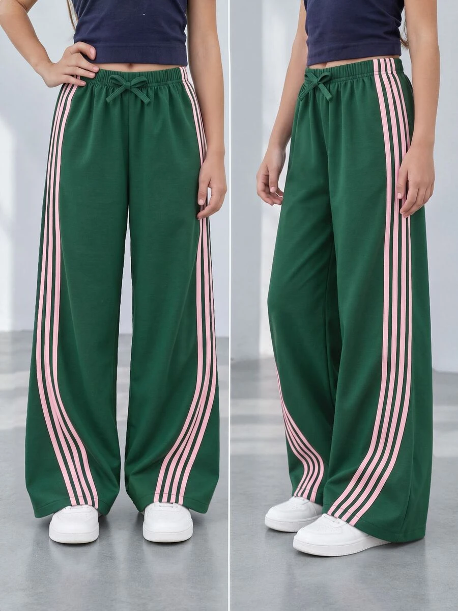 SHEIN Tween Girls Clothes Contrast Color Elastic Waist Drawstring Loose Straight Leg Casual Athletic Modest Pants Autumn School Pink And Green Active