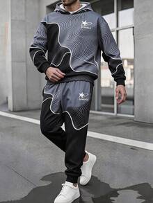 SHEIN 2件組兒童大童男孩休閒百搭運動日常舒適酷炫印花圖案連帽衛衣寬鬆套頭長袖針織運動衫與慢跑褲套裝，適合秋冬春季，適用於戶外玩耍、學校、街頭風、派對及居家休閒 - 灰色 - 查看 4