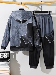 SHEIN 2件組兒童大童男孩休閒百搭運動日常舒適酷炫印花圖案連帽衛衣寬鬆套頭長袖針織運動衫與慢跑褲套裝，適合秋冬春季，適用於戶外玩耍、學校、街頭風、派對及居家休閒 - 灰色 - 查看 3