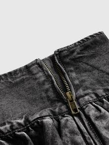ROMWE Grunge Punk Vintage Blue Y2K Millennium Style Ultra Low Waist Sexy Ruffle Hem Mini Denim Skirt - Black - View 4