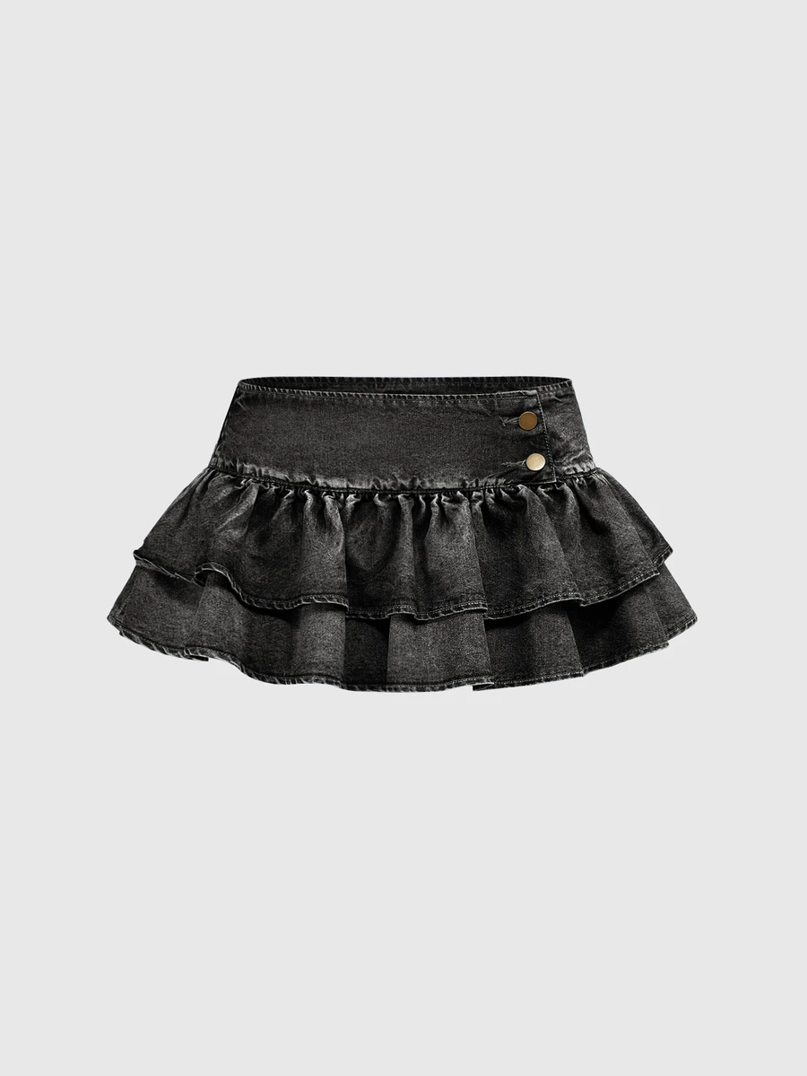 ROMWE Grunge Punk Vintage Blue Y2K Millennium Style Ultra Low Waist Sexy Ruffle Hem Mini Denim Skirt - Black - View 1