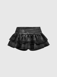 ROMWE Grunge Punk Vintage Blue Y2K Millennium Style Ultra Low Waist Sexy Ruffle Hem Mini Denim Skirt - Black - View 2