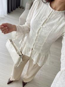 Solavon Women's Elegant Commute Solid Color Floral Embroidered Ruffle Hem Blouse - Apricot - View 3
