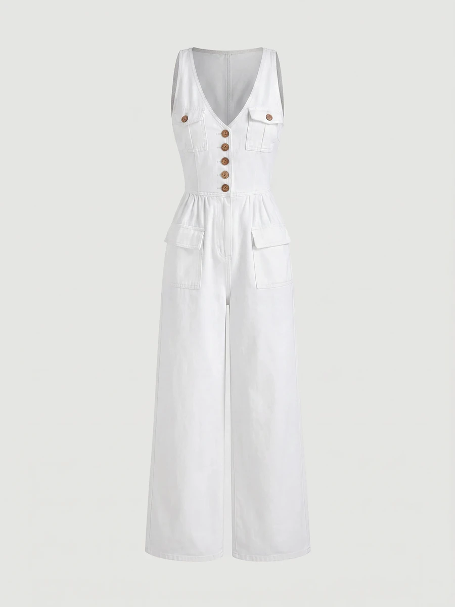 SHEIN Tall Women's Button Half-Front Pocket Casual Wide Leg Sleeveless Denim Jumpsuit - White - View 1
