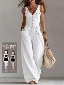 SHEIN Tall Women's Button Half-Front Pocket Casual Wide Leg Sleeveless Denim Jumpsuit - White - View 5