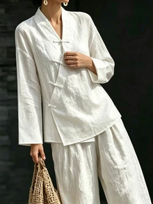 SHEIN New Chinese Style Modified Hanfu Cross Collar Diagonal Placket Frog Button Long Sleeve Shirt Women Textured Cotton Linen Solid Color Short Loose Drop Shoulder Zen Tea Clothing Daily Commute Versatile All-Match Chinese Style Diagonal Cardigan Elegant Vintage Innerwear Outerwear Blouse - White - View 4