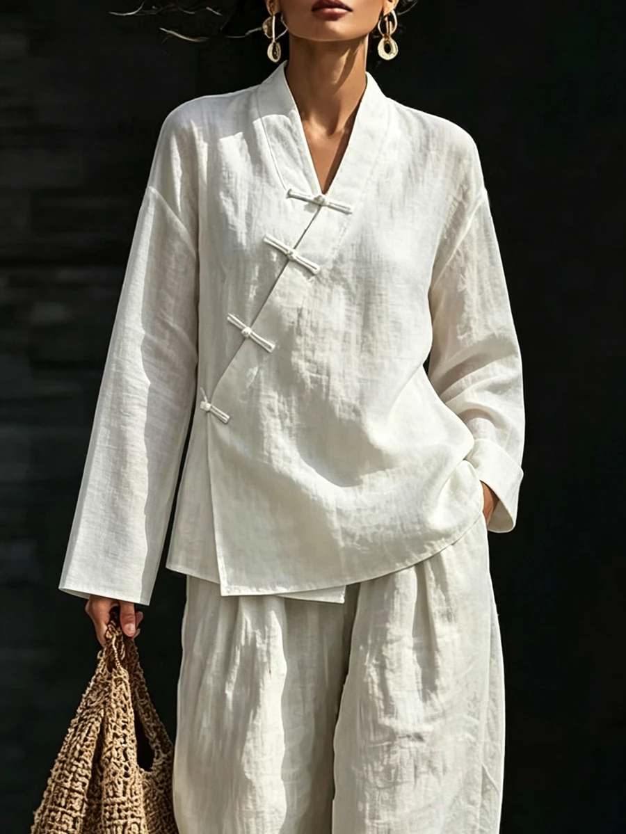 SHEIN New Chinese Style Modified Hanfu Cross Collar Diagonal Placket Frog Button Long Sleeve Shirt Women Textured Cotton Linen Solid Color Short Loose Drop Shoulder Zen Tea Clothing Daily Commute Versatile All-Match Chinese Style Diagonal Cardigan Elegant Vintage Innerwear Outerwear Blouse - White - View 1