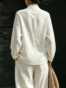 SHEIN New Chinese Style Modified Hanfu Cross Collar Diagonal Placket Frog Button Long Sleeve Shirt Women Textured Cotton Linen Solid Color Short Loose Drop Shoulder Zen Tea Clothing Daily Commute Versatile All-Match Chinese Style Diagonal Cardigan Elegant Vintage Innerwear Outerwear Blouse - White - View 2
