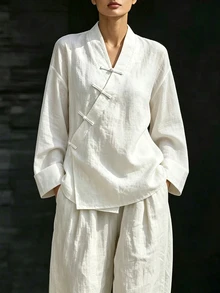 SHEIN New Chinese Style Modified Hanfu Cross Collar Diagonal Placket Frog Button Long Sleeve Shirt Women Textured Cotton Linen Solid Color Short Loose Drop Shoulder Zen Tea Clothing Daily Commute Versatile All-Match Chinese Style Diagonal Cardigan Elegant Vintage Innerwear Outerwear Blouse - White - View 5