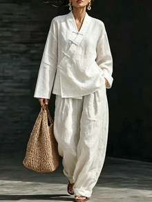 SHEIN New Chinese Style Modified Hanfu Cross Collar Diagonal Placket Frog Button Long Sleeve Shirt Women Textured Cotton Linen Solid Color Short Loose Drop Shoulder Zen Tea Clothing Daily Commute Versatile All-Match Chinese Style Diagonal Cardigan Elegant Vintage Innerwear Outerwear Blouse - White - View 6