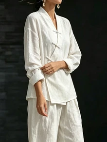 SHEIN New Chinese Style Modified Hanfu Cross Collar Diagonal Placket Frog Button Long Sleeve Shirt Women Textured Cotton Linen Solid Color Short Loose Drop Shoulder Zen Tea Clothing Daily Commute Versatile All-Match Chinese Style Diagonal Cardigan Elegant Vintage Innerwear Outerwear Blouse - White - View 3