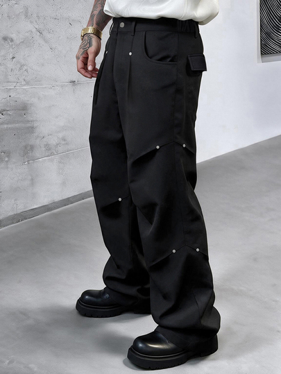 SLATEMANN Men's Black Long Pants, Loose Casual Versatile Long Pants, Rivet Design Cargo Pants